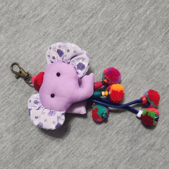 Hand Crafted Accessories - Handmade Indian Plushy Elephant Beaded Yarn Patchwork Fabric Keychain Accessory